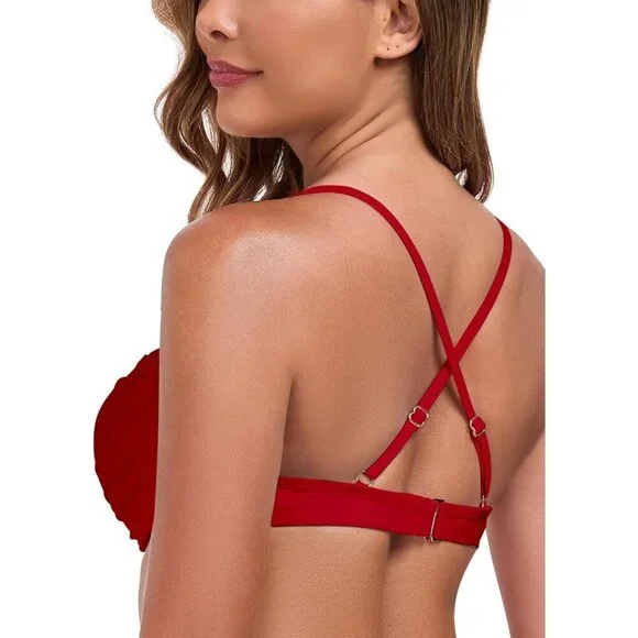 Women's Red Push Up Bikini Tops Ruched Twist Front Underwear Top Swimsuit - Picture 3 of 8